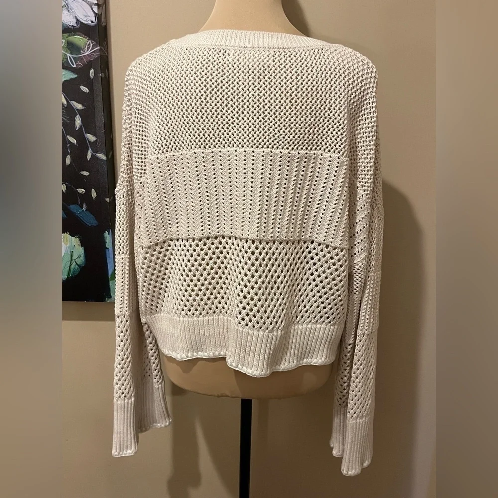 Happily Grey Open Weave Cream Crew Neck, Boxy Crop Sweater, size Large